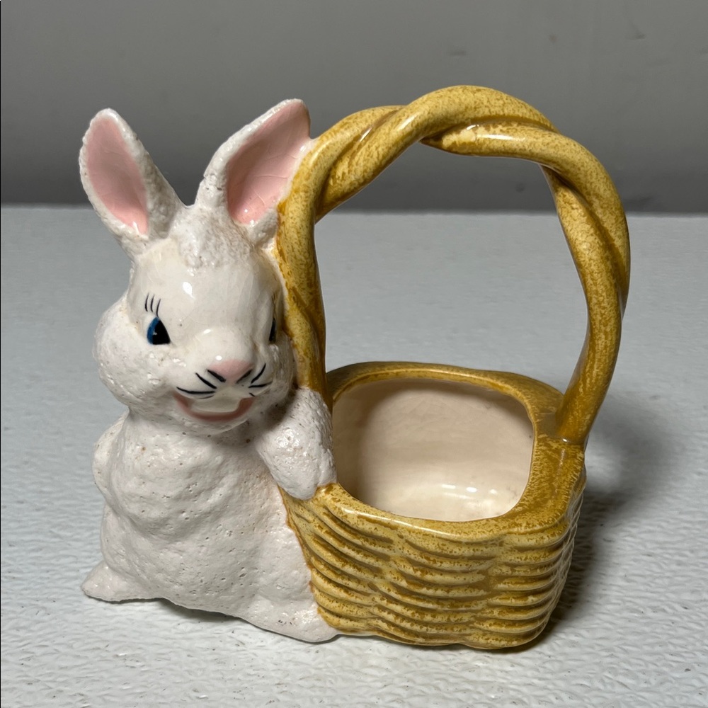 Vintage 1966 Ceramic Bunny with Basket Figurine Signed w/Date on Bottom